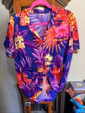 Purple Tropical Floral Button-Down Shirt with Front Knot